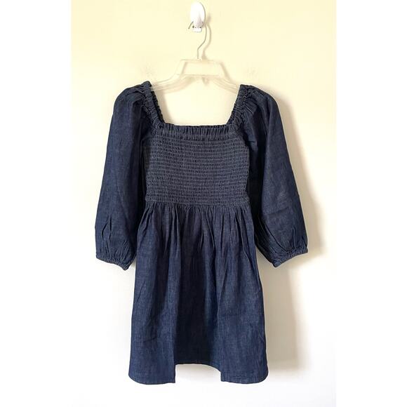 J. Crew Smocked Puff-Sleeve Dress Denim Chambray Blue Size XXS NEW - Picture 2 of 8
